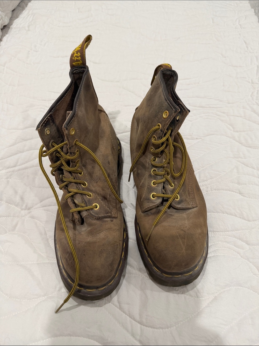 Dr. Martens Brown Leather Lace-Up Work Boots with Yellow Accents
